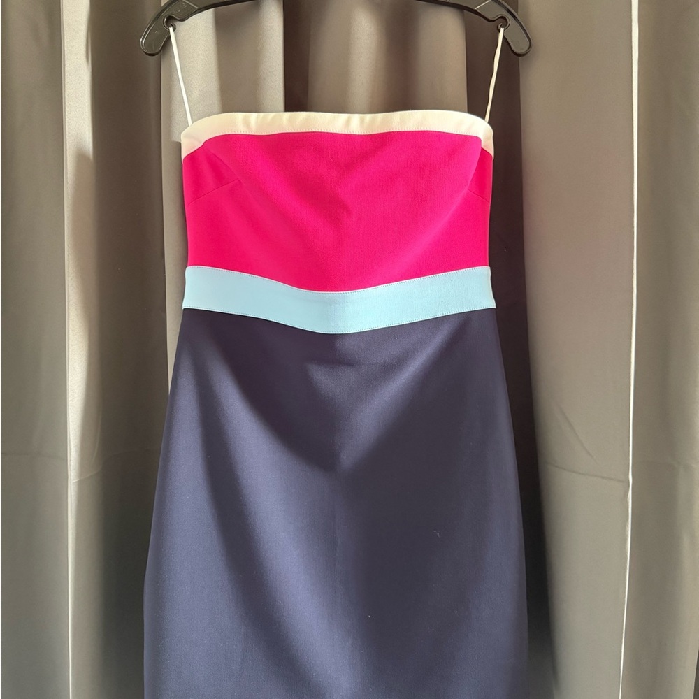 Likely Strapless Dress in Fuchsia, Light Blue, and Navy